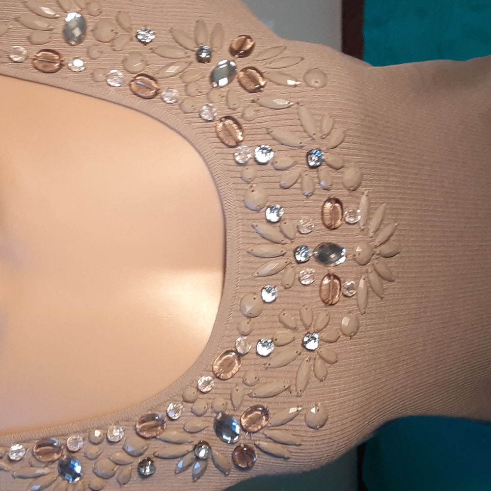 LARU LANE TAUPE TANK WITH JEWELED NECKLINE,  LARGE